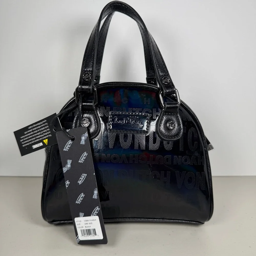 Von Dutch Mini Bowling Bag Black Onyx Reflective Holographic Y2K Satchel Handbag